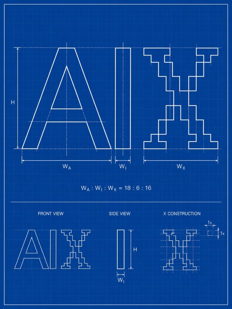 Blueprint-style poster of the AiX logotype on a dark blue grid: dimensioned front view of the A, I, and pixelated X with height H and width ratio 18:6:16, plus a slim side elevation and an X construction diagram on a fine square grid.