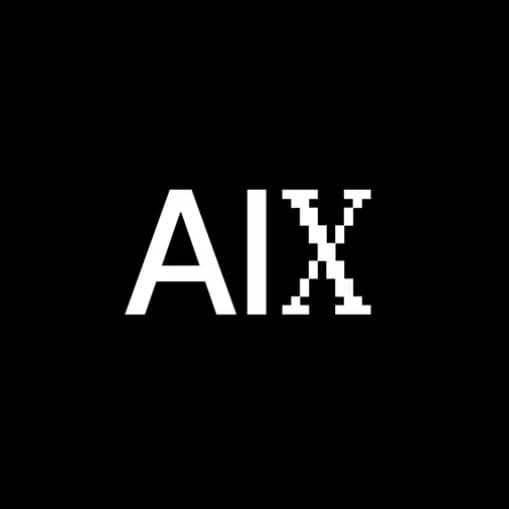 AiX mark in solid white on black: bold geometric A and I in a modern sans-serif beside a stepped, pixel-style X.