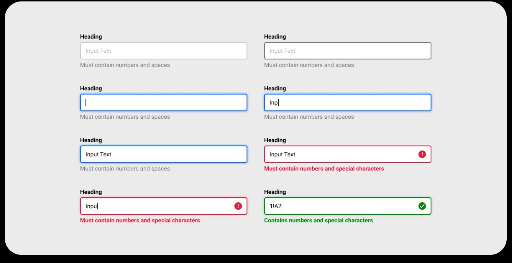 Grid of eight text input field states: default, hover, focus, filled, error, error while typing, and success with validation icons.