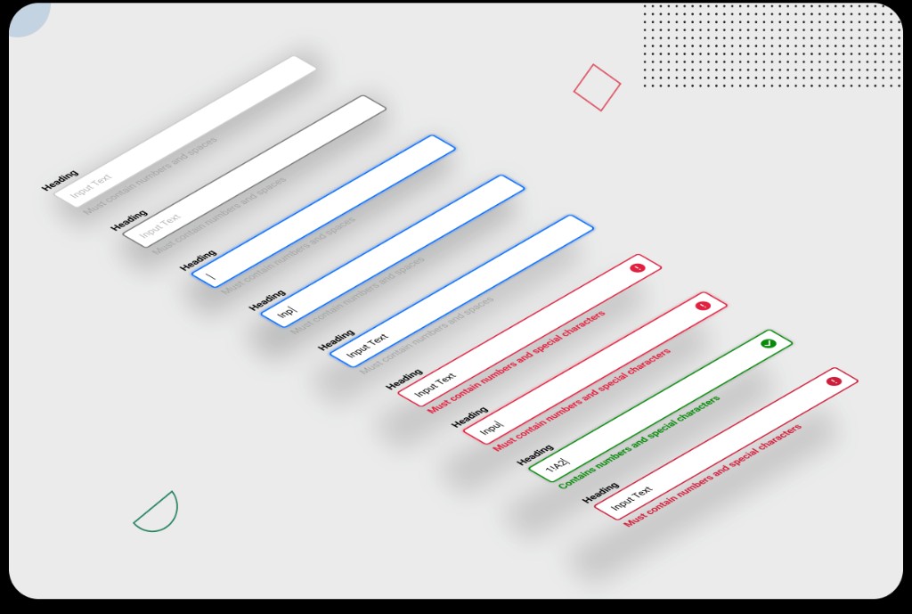 Isometric stack of text input components showing default, focus, error, and success states in a layered 3D view.