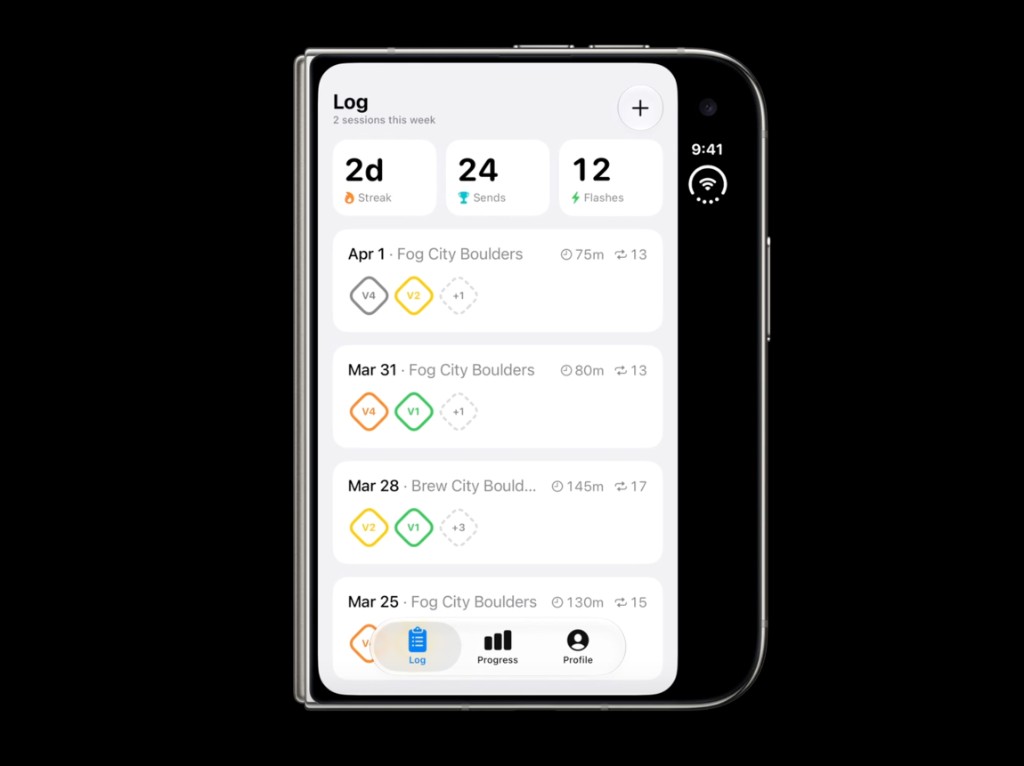 A climbing log app on iPhone Duo with a traditional bottom tab bar for Log, Progress, and Profile, while a black system margin remains on the right.